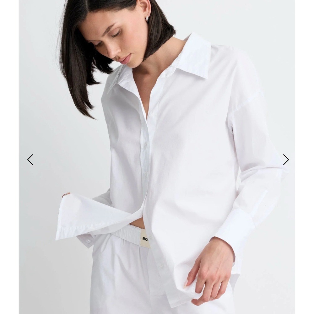 Monrow Women's White Long Sleeve Collared Button Down Poplin Shirt Size Medium